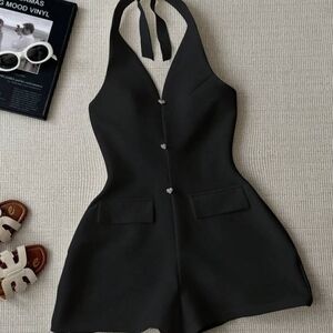 Black Halter Neck Romper with Heart Buttons